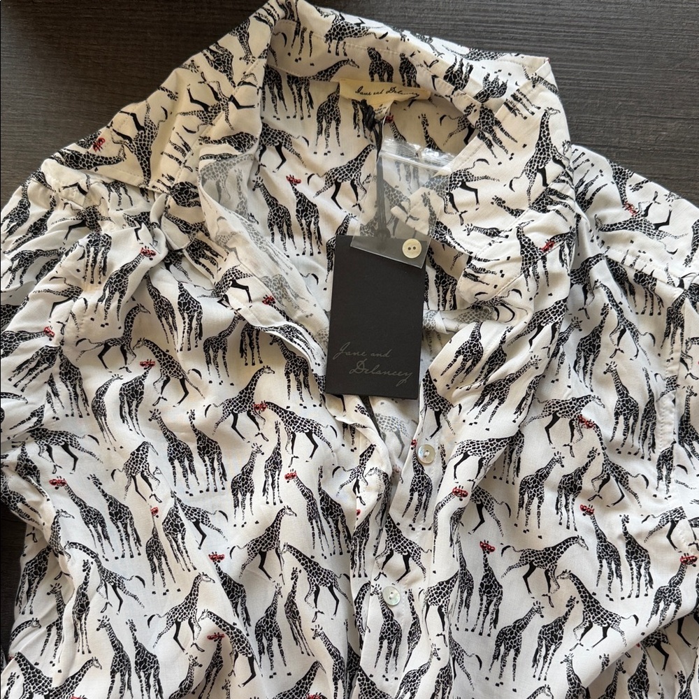Giraffe Print Button-Up Blouse in White & Black with Red Accents